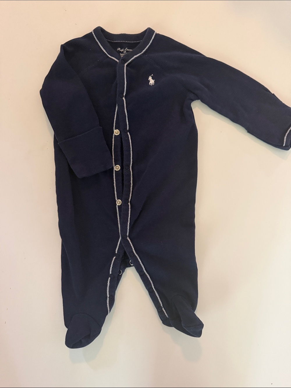 Ralph Lauren Navy Footed Baby One-Piece with Contrast Trim